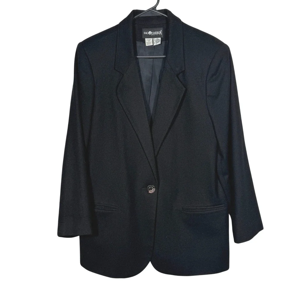 Sag Harbor Women's Vintage 100% Wool Black Blazer Sz 12P / Vintage Sz 14P Career